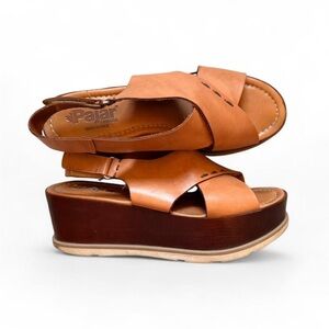 Pajar Tan Leather Platform Sandal with Wooden Heel- Size 41